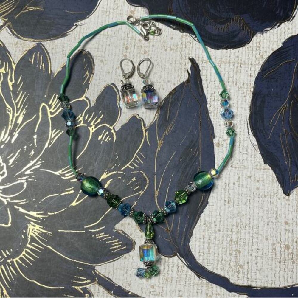 Vintage Handmade 925 Sterling Silver Blue Crystal Bead Necklace and Earrings D2
